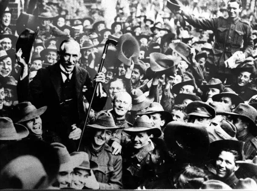 Billy Hughes with troops  