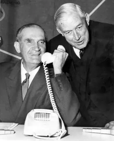 John McEwen with the Postmaster General A.S Hulme, 1967 