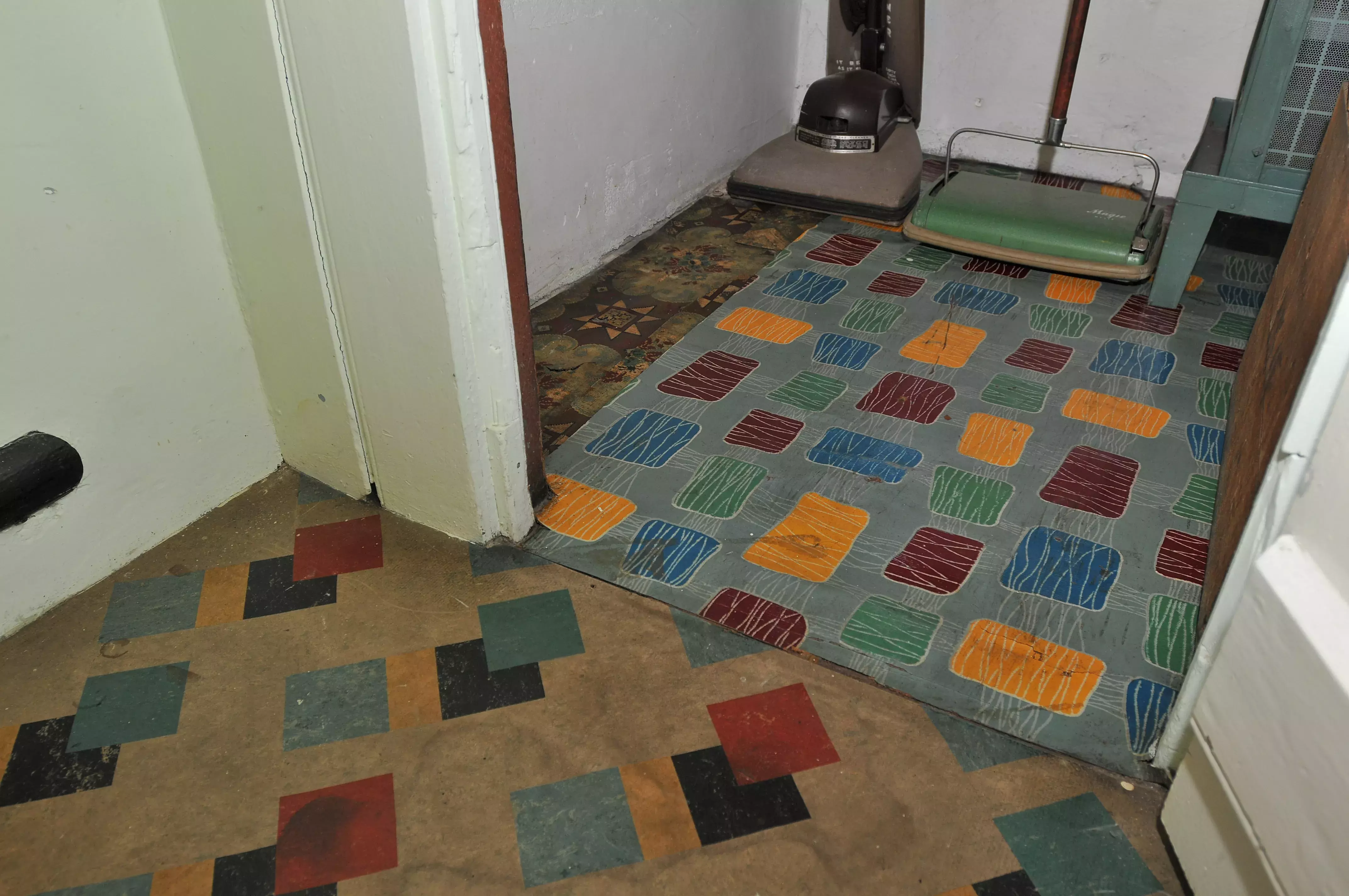 Recycled lino on the floor, covering pantry floor.  