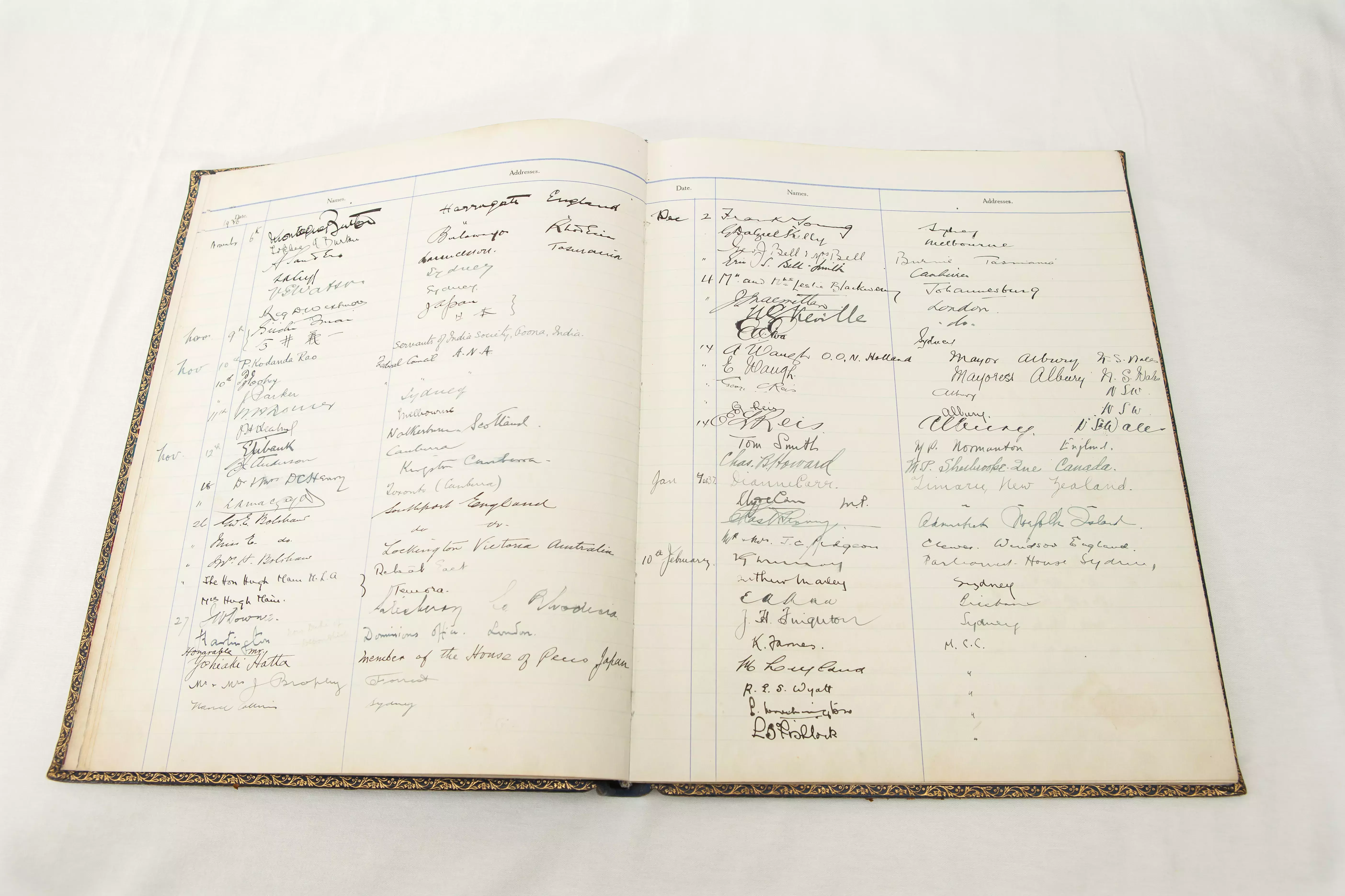 Handwritten entries in a visitor book 