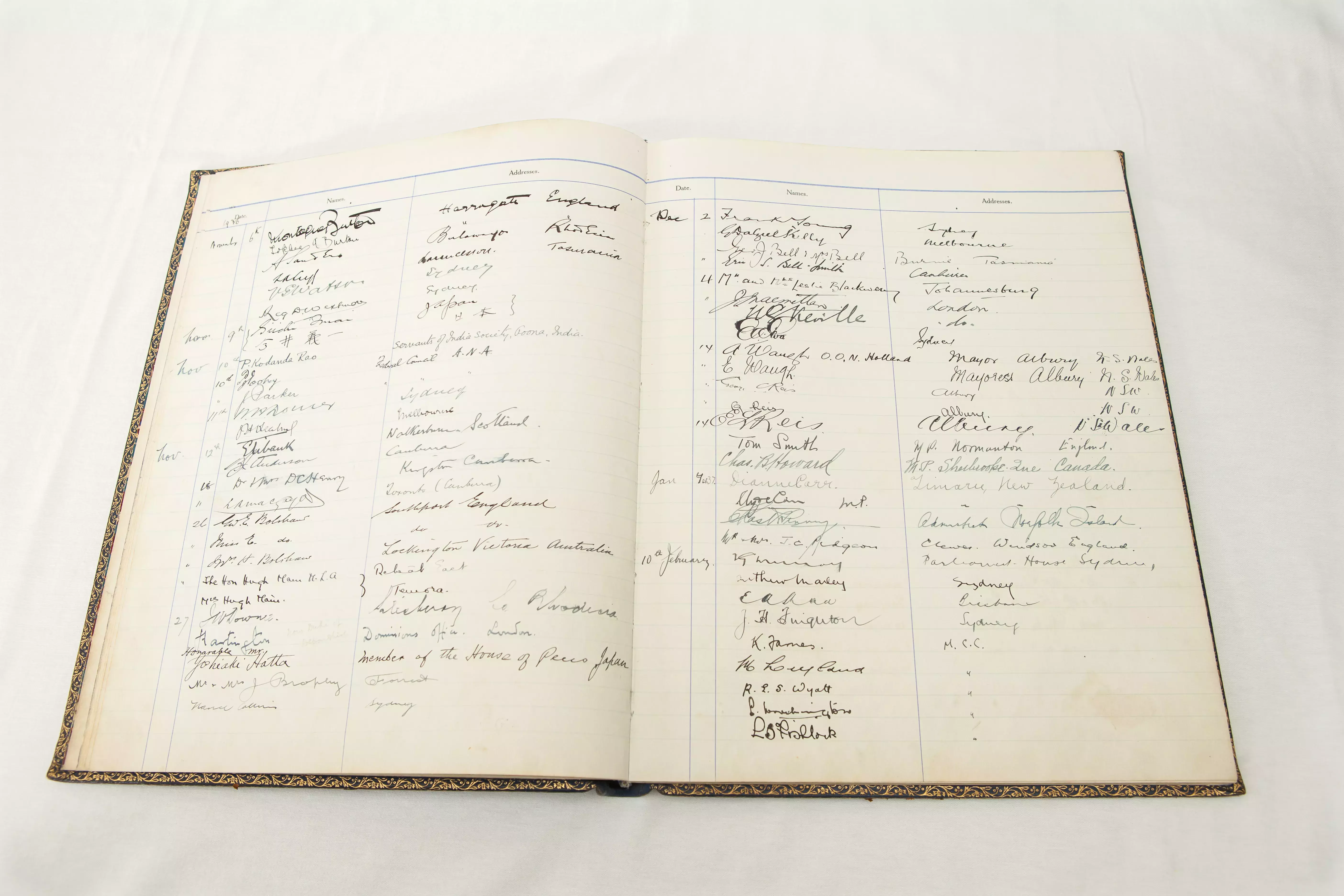 Handwritten entries in a visitor book